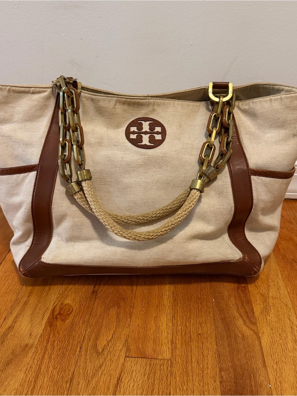 Tory Burch Cream Canvas Tote with Brown Leather Trim & Gold Hardware